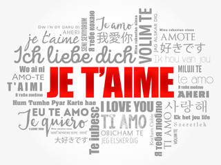 Fototapeta na wymiar Je t’aime (I Love You in French) in different languages of the world, word cloud background