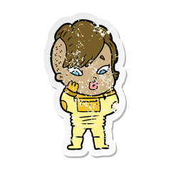 distressed sticker of a cartoon surprised girl in science fiction clothes