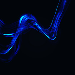 Abstract shiny color blue wave design element on dark background. Science or technology design