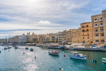 Malta - November, 2018: View on the harbors of Malta cities from the boat trip.