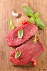 raw beef meat and basil
