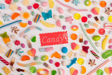 Composition from multicolored candies. Close up colorful sweets background.
