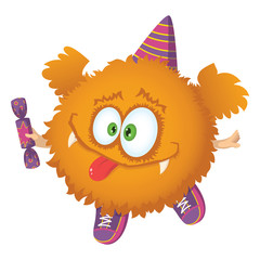 Cute red fluffy character with wings, sneakers, party cap and candy.