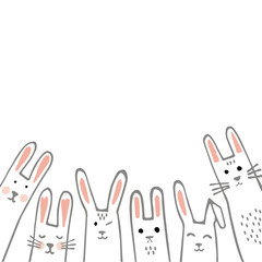 Fototapeta premium Happy Easter banner frame with funny bunny faces. Rabbits border or greeting card. Vector