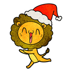 happy textured cartoon of a lion wearing santa hat