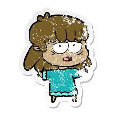 distressed sticker of a cartoon tired woman
