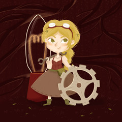 Little woman with gear, wrench and lamp.