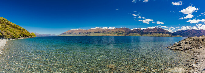 Aerial drone view, north side of Lake Wanaka at Makarora, South Island, New Zealand