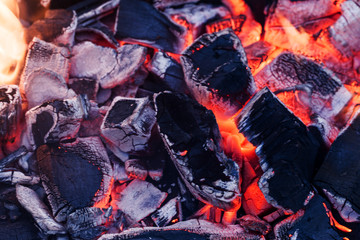 Details of burning charcoal barbecue at a picnic
