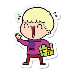 Fototapeta premium sticker of a laughing cartoon man with present