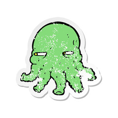 retro distressed sticker of a cartoon alien face