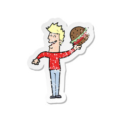 retro distressed sticker of a cartoon man with burger