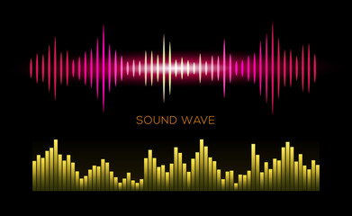 Colorful sound waves on black background set, audio player, equalizer