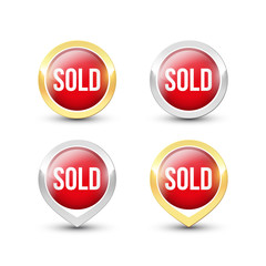 Red round SOLD button and pointer icons