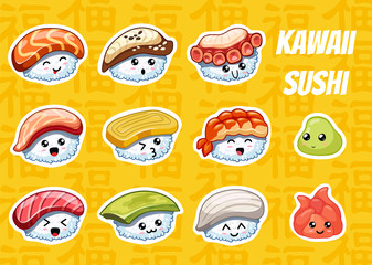 Hand drawn cartoon sushi stickers with cute emotions on yellow background. Tasty japanese food. In kawaii style. Can use for cards, fridge magnets, stickers, posters, menu for bar and restaurant