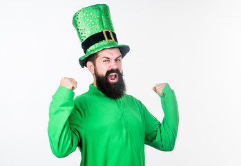 He has got plenty of green strength. Happy saint patricks day. Bearded man celebrating saint...