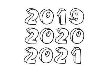 Vector hand drawn 3D line art numbers 2020. Signs as sketched art, ouline font. Latin alphabet numbers for new year. Isolated without background. Creative text for Chinese new 2020 year party