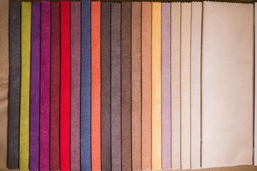 Textile samples of different colors for the selection of furniture upholstery