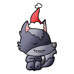 friendly gradient cartoon of a wolf sitting wearing santa hat