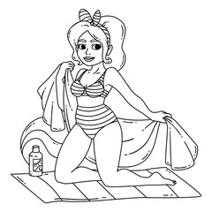 Beautiful girl in retro swimsuit on a beach.