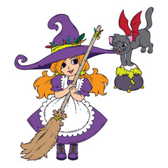 A little witch with a broom, a cat and a pot.