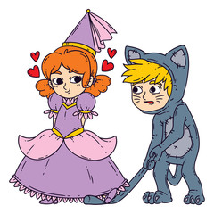 Boy and girl in halloween costumes princess and cat.