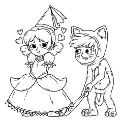 Boy and girl in halloween costumes princess and cat.
