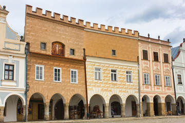 Obraz premium Architecture details.Main square full of colorful houses in beautiful medieval city of Telc, Czech republic