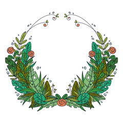 Beautiful greeting card with floral cartoon wreath.