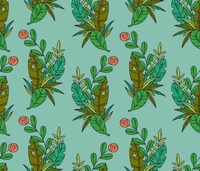 Vector seamless pattern of tropical leaves and flower.