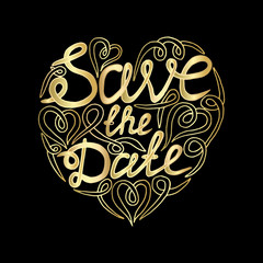Vector golden Save the date words hand written custom calligraphy isolated on black