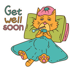 Sickening cat with thermometer under the blanket.