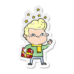 distressed sticker of a cartoon excited man