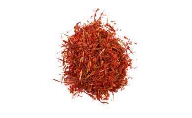 Naklejka premium saffron heap isolated on white background. top view