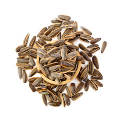 top view sunflower seeds in wood bowl on white background