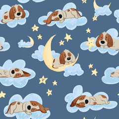 Welterusten naadloos patroon met schattige slapende puppy& 39 s, maan, sterren en wolken. Zoete dromen achtergrond. Kinderachtig mooie doodle hand getekende vectorillustratie.