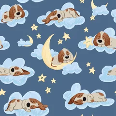 Wall murals Sleeping animals Good night seamless pattern with cute sleeping puppies, moon, stars and clouds. Sweet dreams background. Childish lovely doodle hand drawn vector illustration.