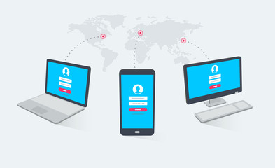 Computer, phone and laptop in different angles with login page on screens and world map in the background. Modern flat design graphic elements.