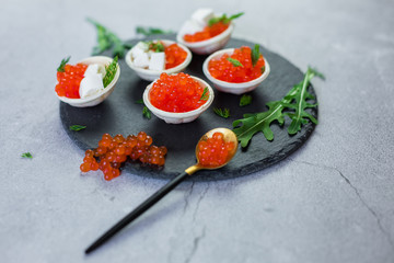 Red caviar on black plate with spoon and creamy cheese. Food photo concept