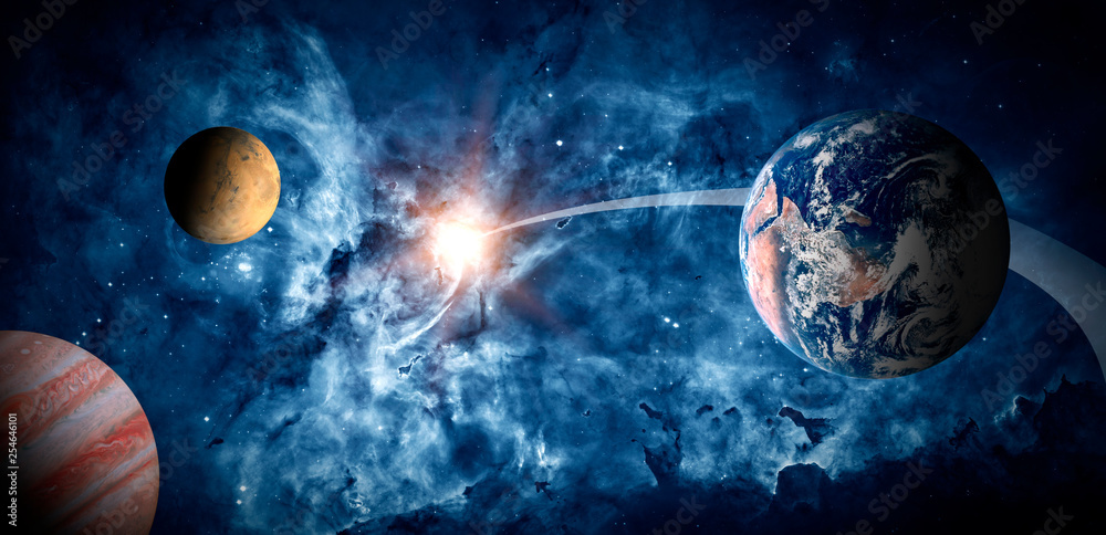 Wall mural planets of the solar system against the background of a spiral galaxy in space. elements of this ima