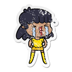 distressed sticker of a cartoon woman crying