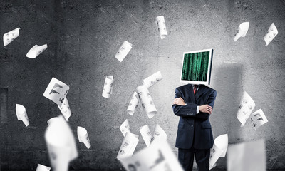 Businessman with monitor instead of head.