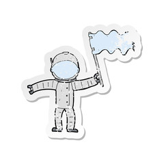 retro distressed sticker of a cartoon astronaut with flag