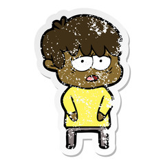 distressed sticker of a cartoon exhausted boy