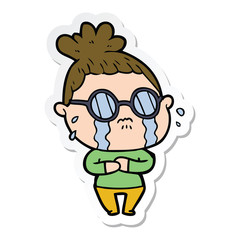 sticker of a cartoon crying woman wearing spectacles