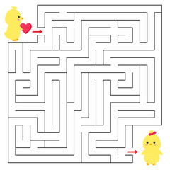 Maze game for preschool kids. Help the chick with heart find right way to the his girlfriend. Vector illustration.