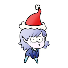 gradient cartoon of a elf girl staring and crouching wearing santa hat