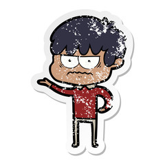 distressed sticker of a annoyed cartoon boy