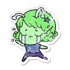distressed sticker of a cartoon crying alien girl