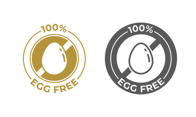 Egg free food vector icon. Food package seal, 100 percent egg free ingredients, food allergy information label